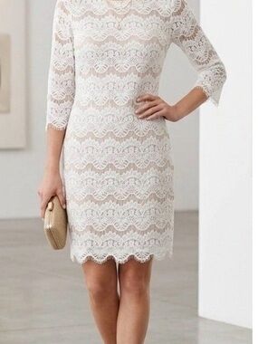 NWT Jessica Howard White Lace Overlay Sheath Dress Nude Lining Size 10